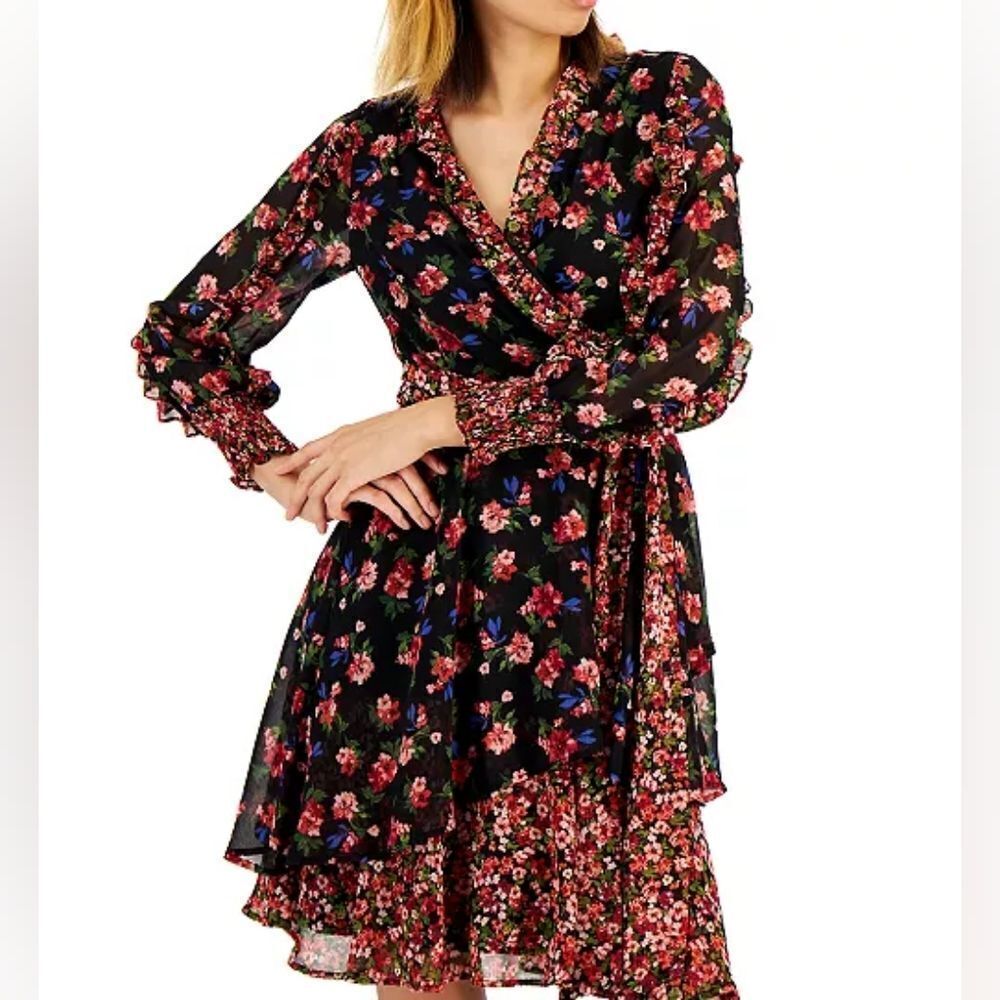 Tahari ASL Twin-Print Ruffle Dress sz 14 - Picture 4 of 16
